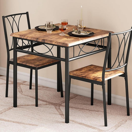 GarveeHome Small Dining Table Set for 2, Square Table and Chairs Set of 2, 3 Piece Kitchen Table Set of 2 with Upholstered Chairs, Dinner Table Set for 2 for Small Spaces, Apartment, Rustic Brown