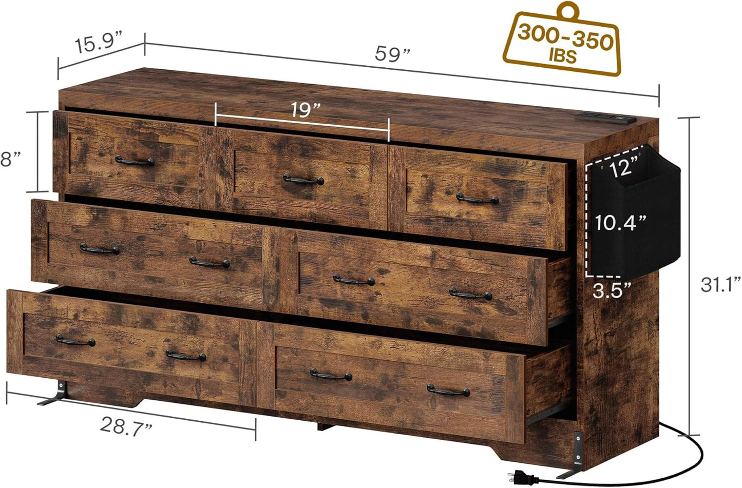 YITAHOME Rustic Brown Drawers TV Stand for 65 inches with Power Outlets -Chest of Drawers Dresser with Side Organizer Bag Entertainment Center TV Console