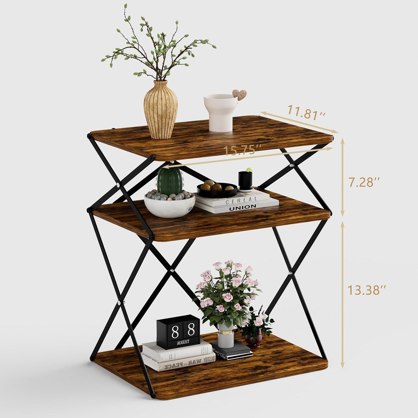 3-Tier End Table Set of 2 Small Side Table Tall Bedside Night Stand with Storage Sofa Side desks for Living Room Bedroom Office Bathroom Small Space Rustic Brown ET-04RB-2