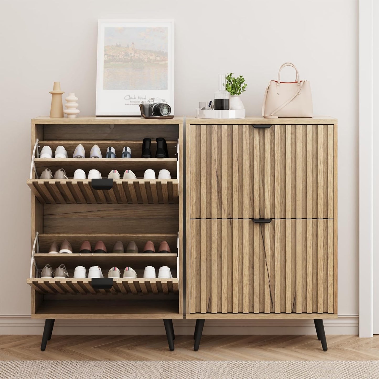 Smuxee Shoe Cabinet with 2 Flip Drawers, 23.6" Natural Hidden Shoe Storage Cabinet with Fluted Design, Freestanding Shoe Organizer Cabinet for Entryway, Hallway, Closet, Living Room