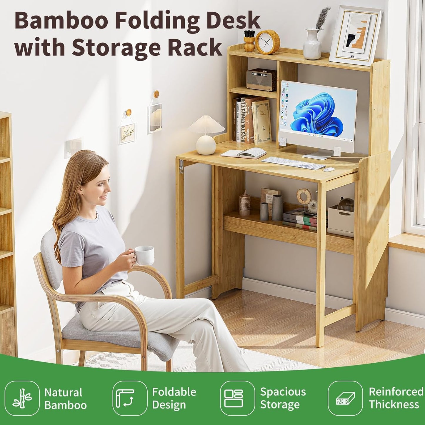Bamboo Folding Desk with Storage Rack Mid Century Modern Desk for Home Office Bedroom Small Spaces, Natural