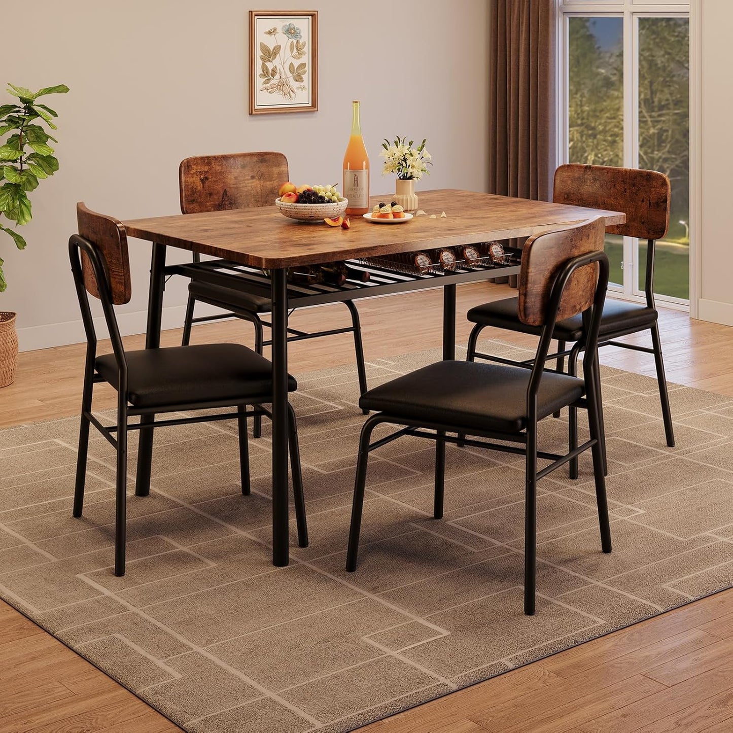 GAOMON 5-Piece Dining Table Set for 4, Wood Kitchen with Built-in Storage Rack,Small Kitchen Table with Upholstered Chairs and Metal Frame for Small Spaces, Retro Color