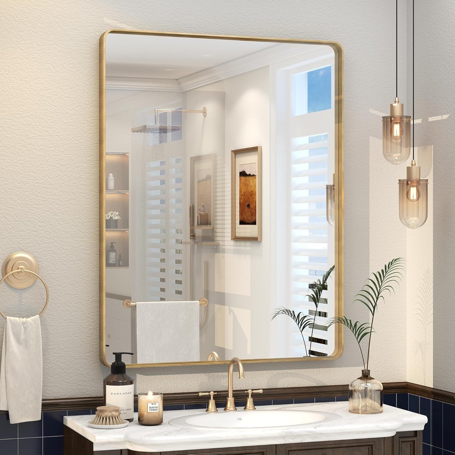 28x36 Gold Framed Bathroom Mirror, Brushed Gold Metal Vanity Mirror, Rectangle Modern Mirror for Wall, Rounded Corner, Tempered Glass, Anti-Rust, Shatterproof, Hangs Horizontally or Vertically