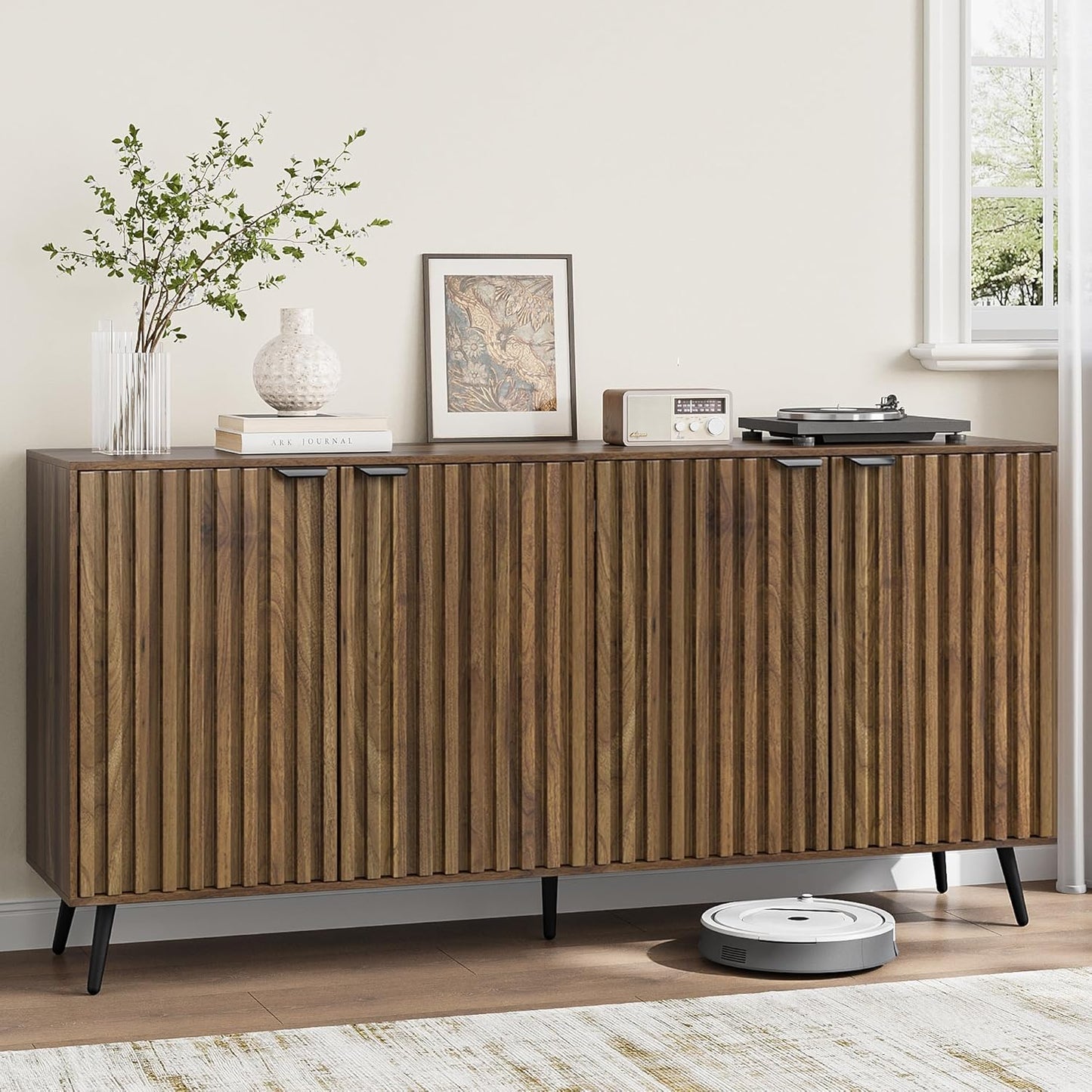 Smuxee 63" Fluted Sideboard Cabinet, Freestanding Walnut Buffet Cabinet with Adjustable Shelf, Wood Storage Cabinet for Living Room, Entryway, Hallway