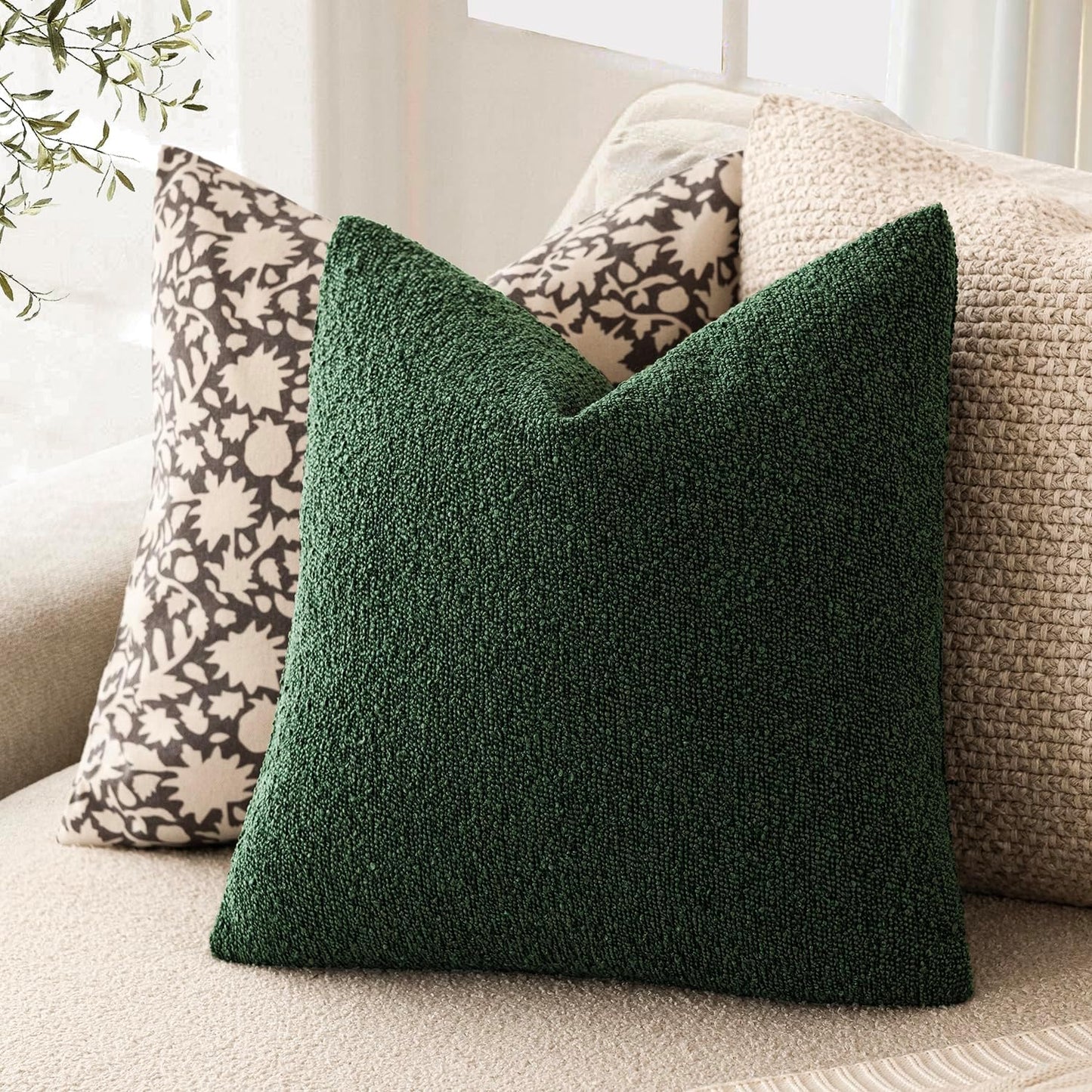 Foindtower Pack of 2 Textured Boucle Throw Pillow Covers Accent Solid Pillow Cases Cozy Soft Decorative Couch Cushion Case for Chair Sofa Bedroom Living Room Home Decor 18x18 Inch Pine Green