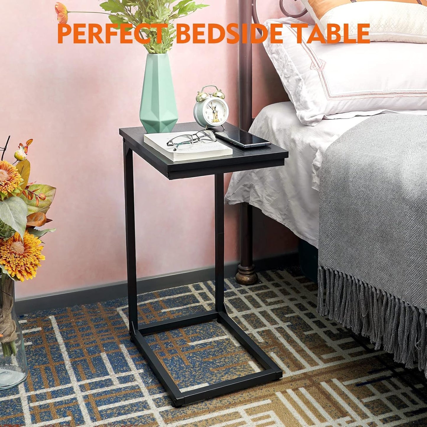 AMHANCIBLE C Shaped End Table, Couch Tables That Slide Under, TV Tray Snack Table for Sofa, Small Side Table for Couch, Small Space, Living Room, Black HET02CBK-1