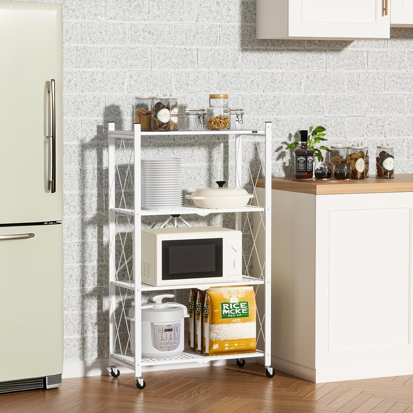 ALANNG Storage Shelves with Wheels, Bookshelf with Storage, No Assembly Metal Rack Cart for Kitchen, Office, Laundry, Garage (4 Tier, White)