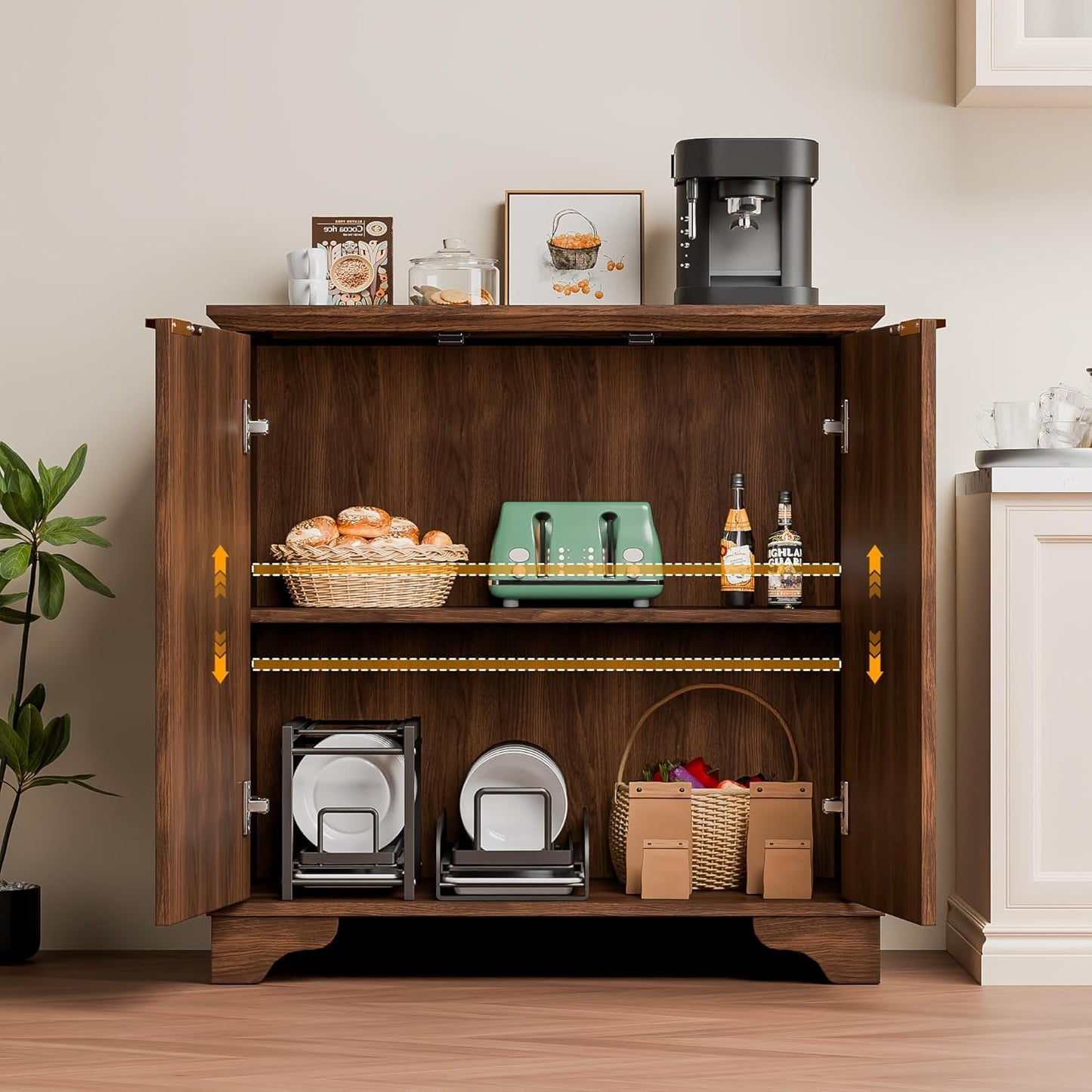 Fluted Buffet Sideboard Cabinet with Storage, 62" Coffee Bar Cabinet Credenza with Shelves, Console Table for Entryway Kitchen, Walnut