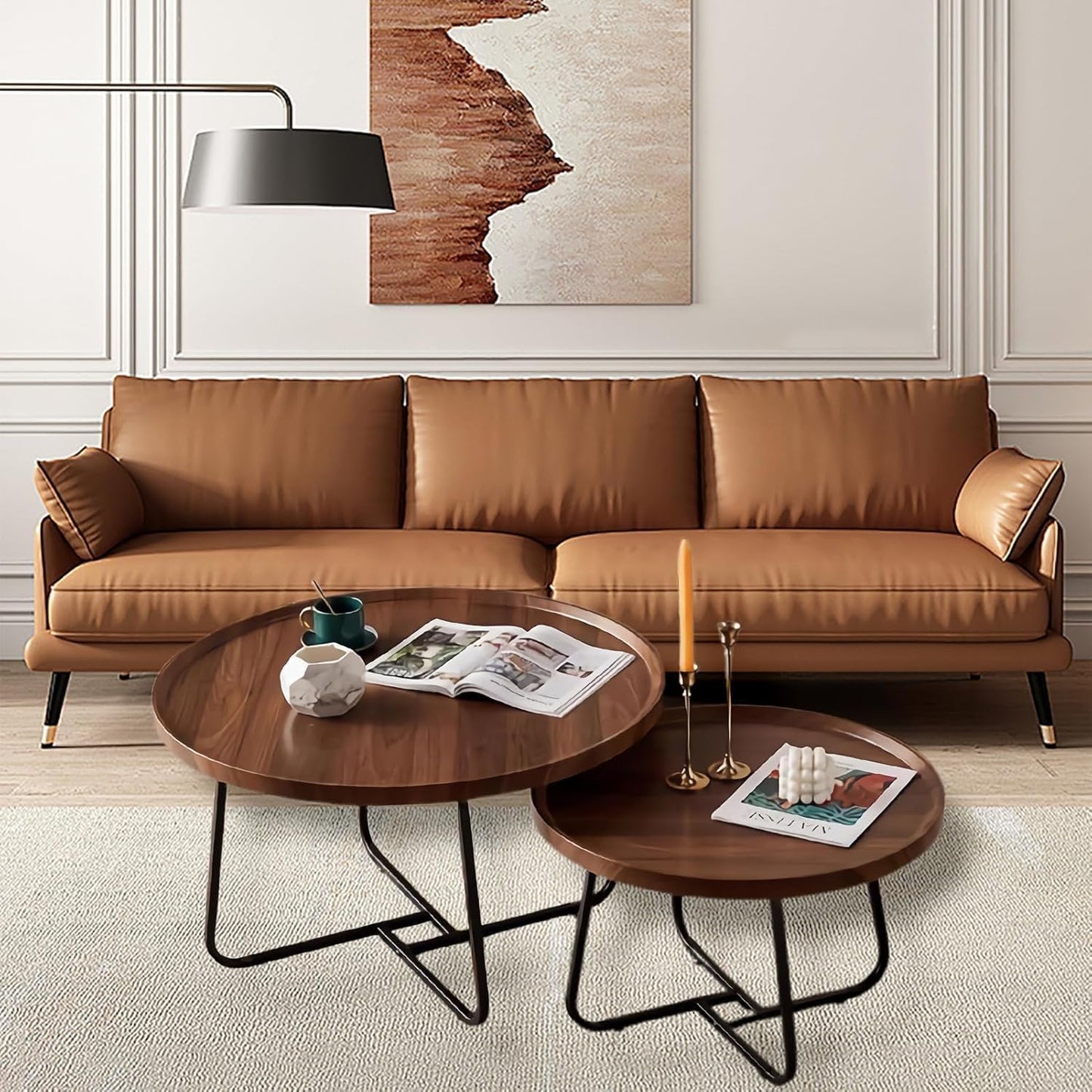 Round Nesting Coffee Table Set of 2, 28" Round Walnut with Fluted,Mid Century Modern,Center for Living Room Bedroom Office Balcony Yard