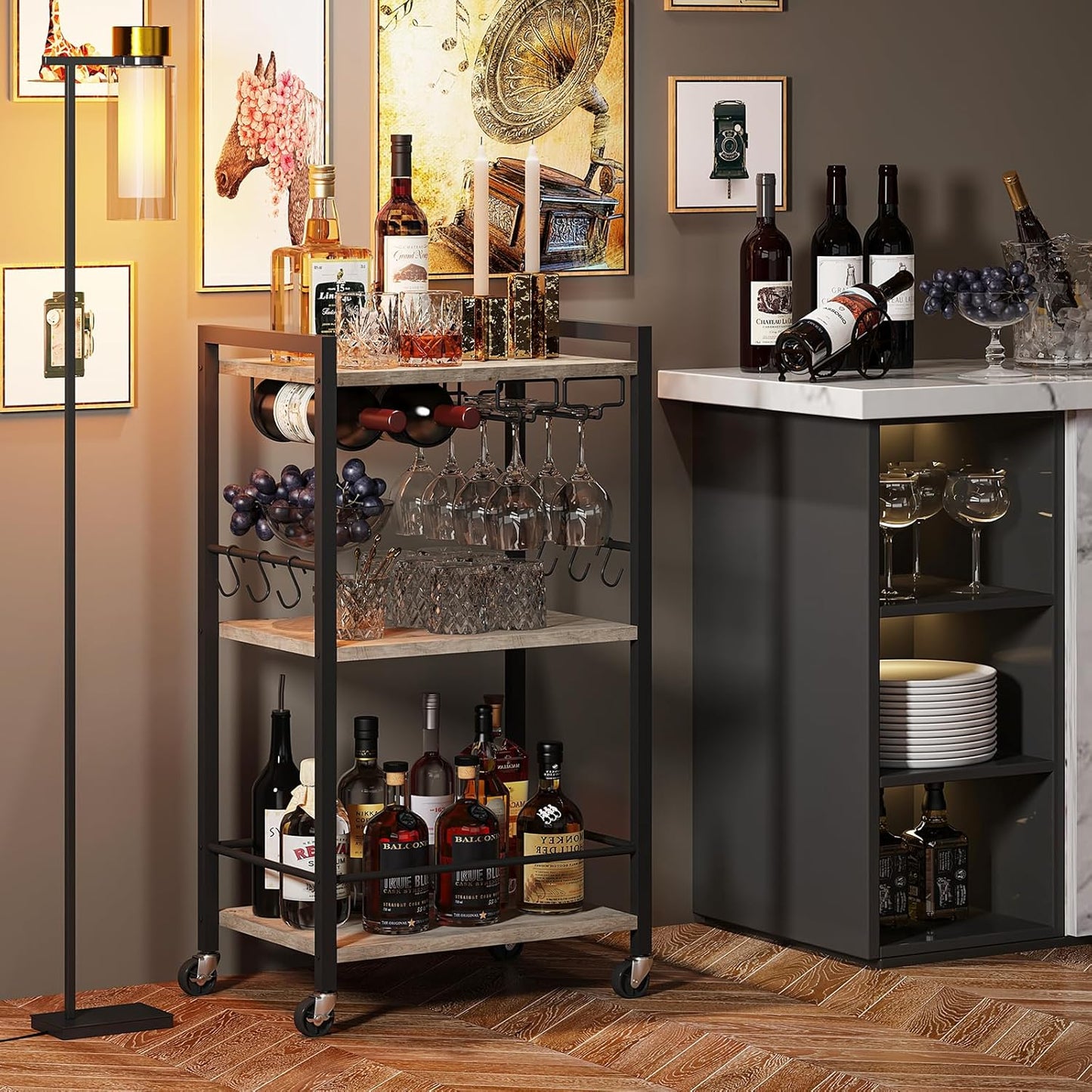 TUTOTAK Bar Cart, Home Bar Serving Cart, Small Wine Cart with 3-Tier Shelf, Beverage cart, Drink Cart with Wine Rack and Glass Holder, Rolling bar carts for The Home, Living Room, Greige BC01BG035