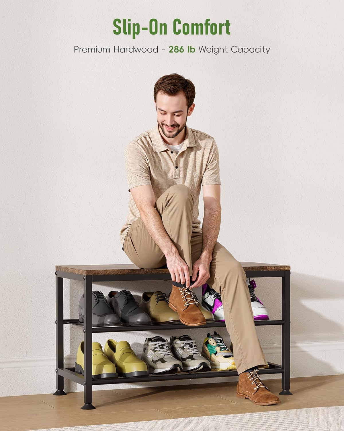 3-Tier Shoe Rack Bench - Entryway Organizer with Shoe Storage, Sturdy Shoe Shelf for Front Door, Small Space Saving Furniture, Brown, Holds 286lbs,27.2" x 12.0" x 15.9"