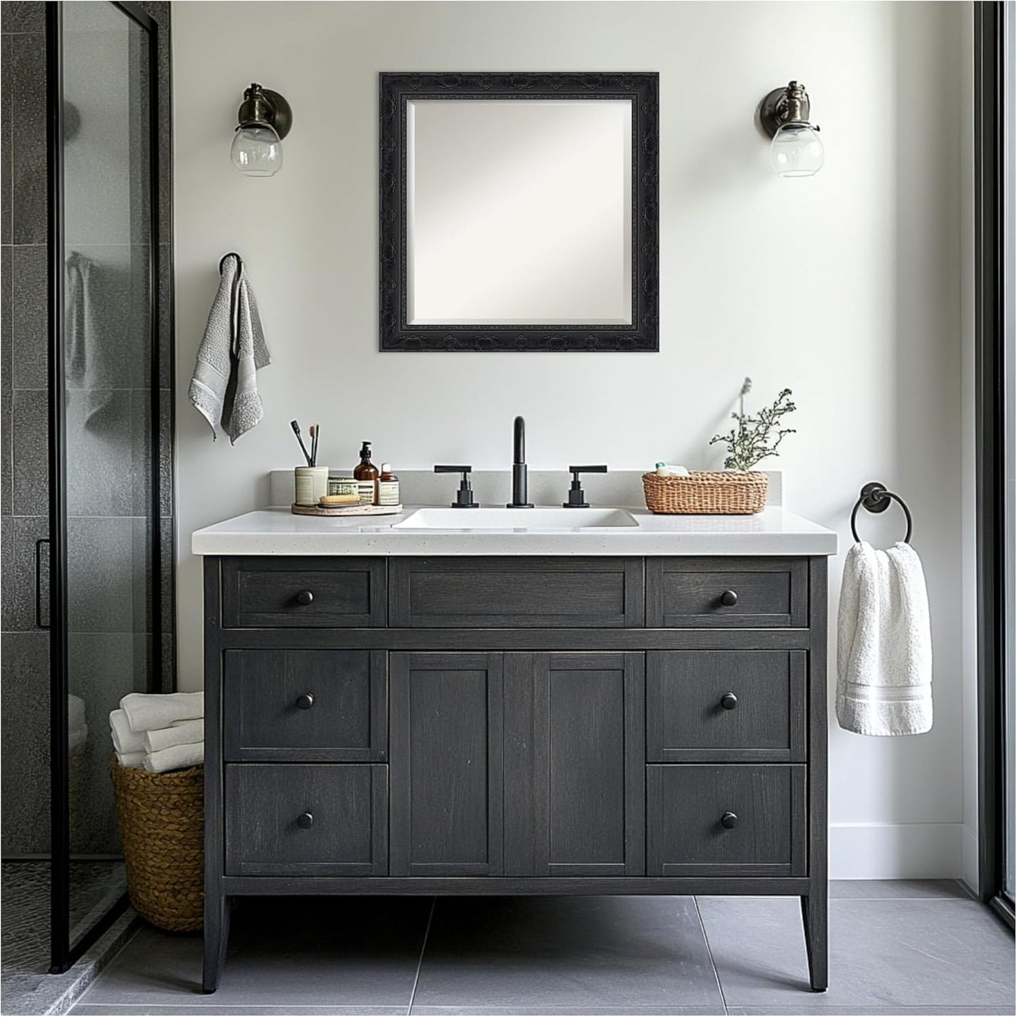 Amanti Art Bathroom Mirror for Over Sink, 25x25 Filigree Gloss Black Square Vanity Mirror, Medium Traditional Frame, Hangs Horizonally and Vertically, Bathroom Wall Decor, Beveled Edge