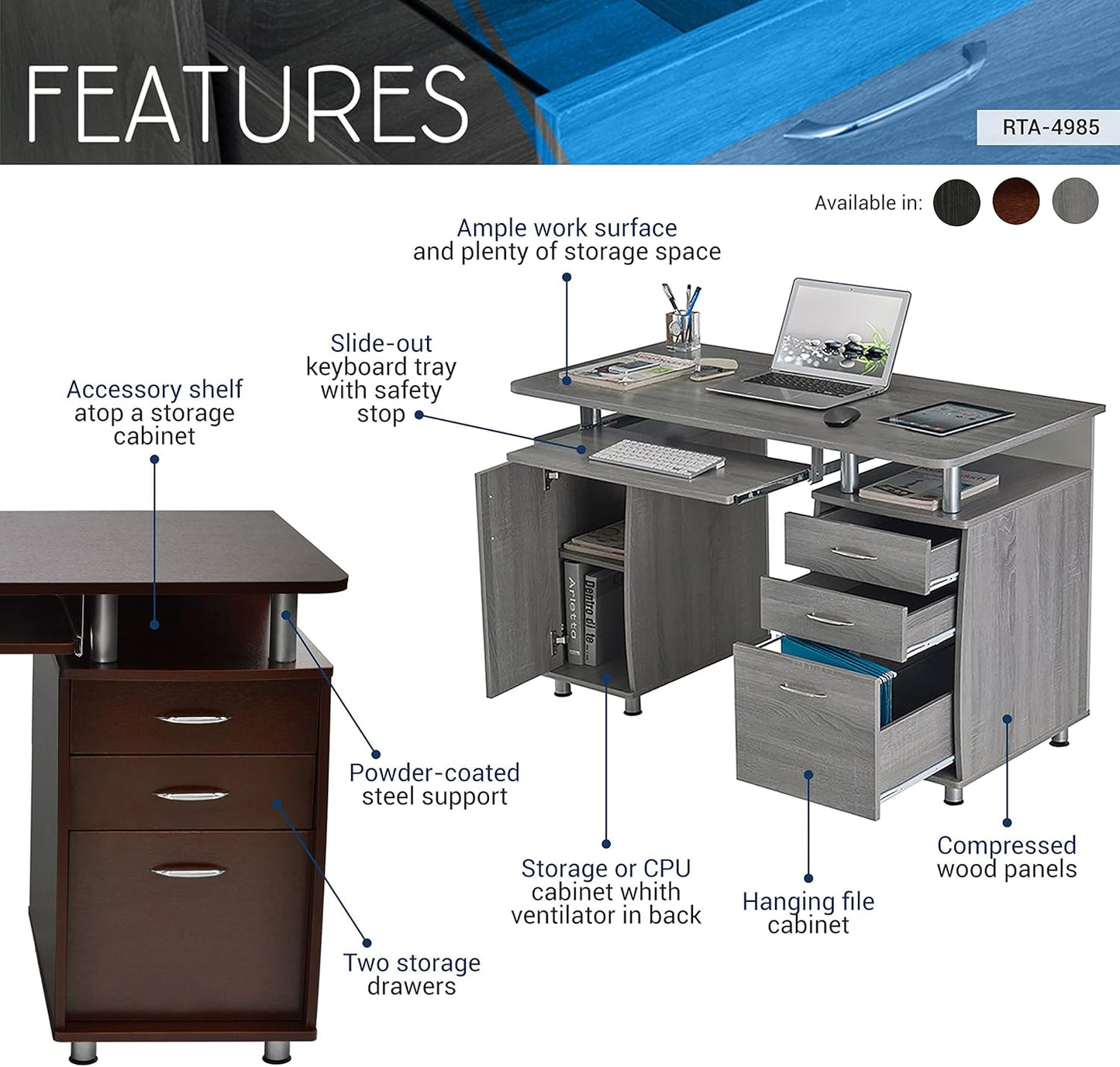 Techni Mobili 47.25" Ergonomic Computer Drawers & File Cabinet for Home Office Storage, Espresso Writing Desk