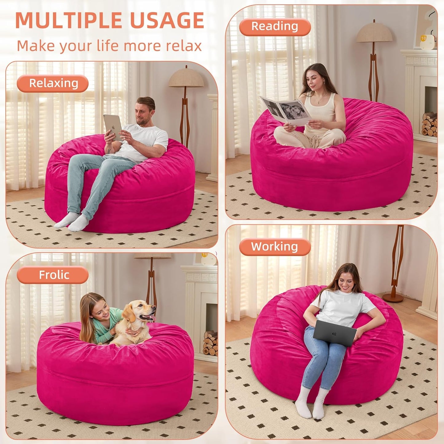 HABUTWAY Bean Bag Chair 3Ft Luxurious Velvet Ultra Soft Fur with High Rebound Memory Foam Bean Bag Chairs for Adults Plush Lazy Sofa with Fluffy Removable Sponge 3' (Hot Pink)