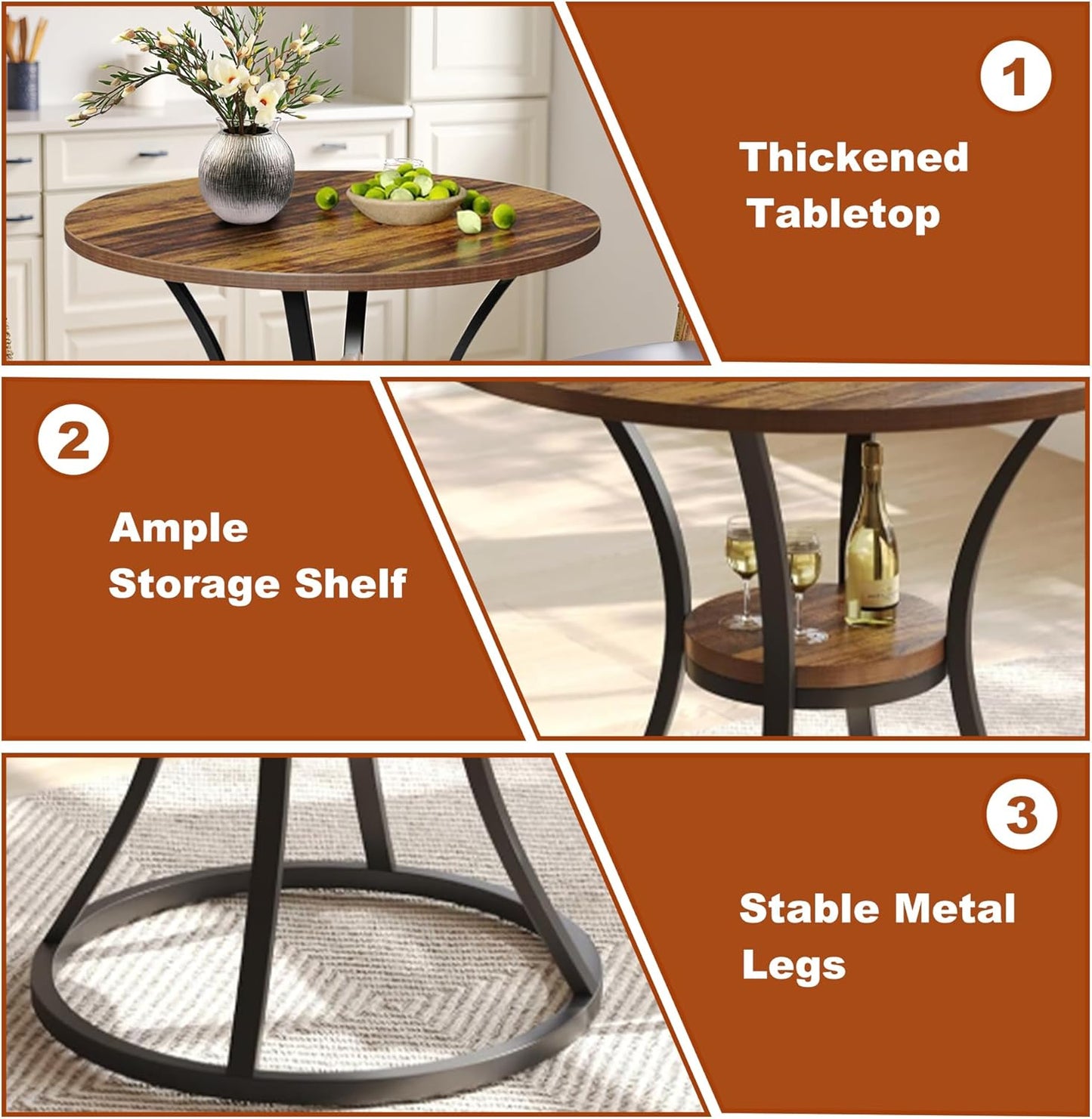 Round Dining Table for 2-4, 31.5" Small Dinner Table Kitchen Tables with Storage Shelf for Dining Room, Kitchen, Living Room, Brown and Black