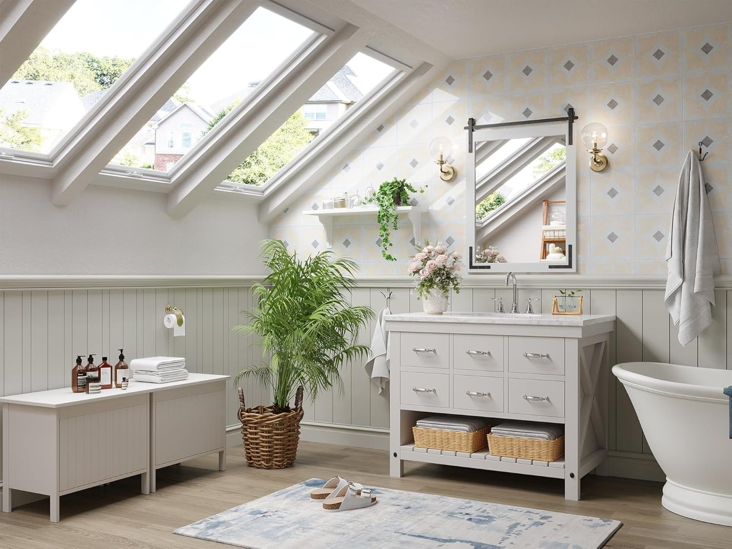 Farmhouse Bathroom Mirror 24x32 Inch, White Wood Framed Decorativeative Rustic Mirror, Rectangle Wall Decorative Mirrors for Entryway, Courtyard, Bedroom