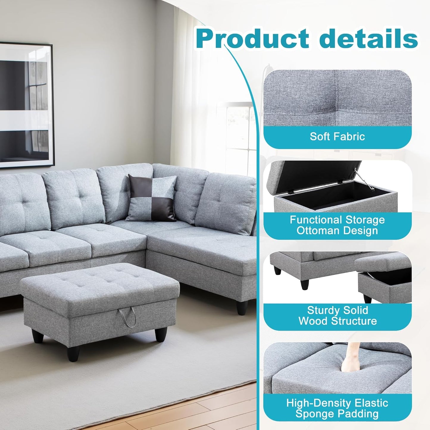 Couches for Living Room Modern L Shaped Couch Comfy Linen Fabric 3 Pieces Sectional Sofa with Chaise, Ottoman with Storage for Office and Small Apartment, Grey