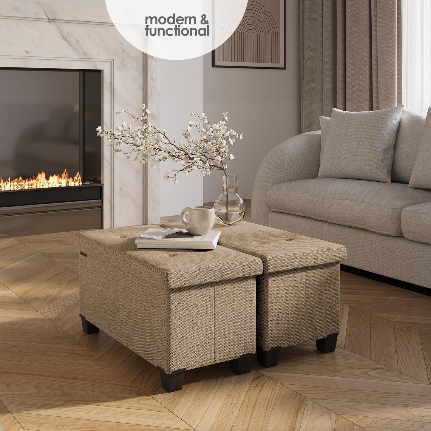 STORAGEBUD Storage Ottoman Bench with Bins, 30-in Storage Bench for Bedroom End of Bed, Folding Foot Rest Ottoman for Living Room Max 660lbs, Fabric Ottomans, Taupe