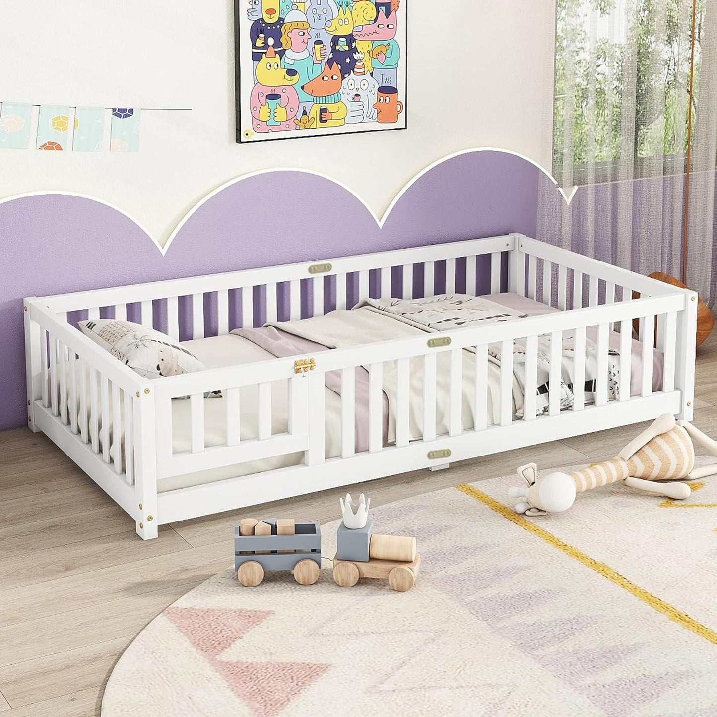 Twin Floor Bed Frame with Slats and Safety Guardrail, Wood Twin Size Montessori Floor Bed with Door and Fence, Easy Assemble Montessori Beds for Kids, Girls, Boys, White