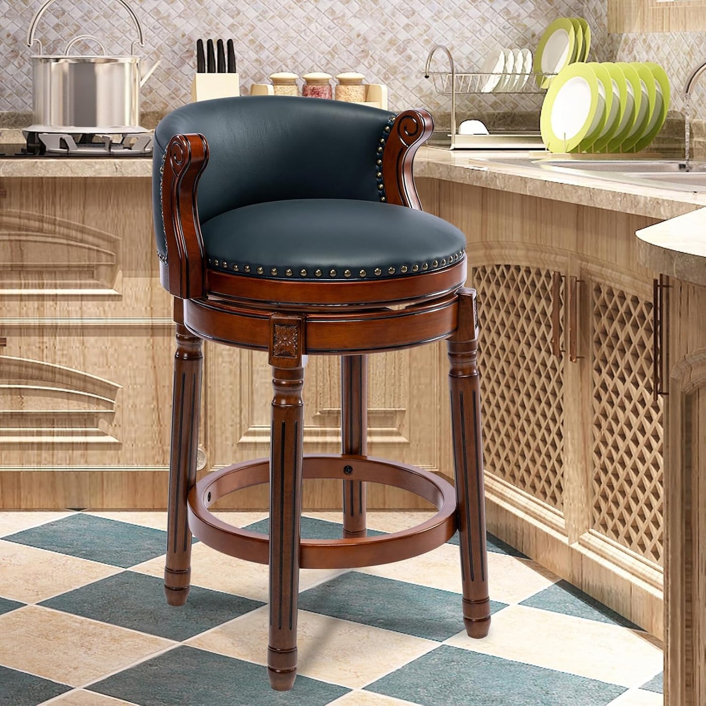 CozyRain Bar Stools Rubber Wood Counter Height Bar Stool Leather Upholstered Swivel Barstools with Back & Footrest for Home,Kitchen,Counter,Dining Room (Navy Blue, Seat Height 26 in)