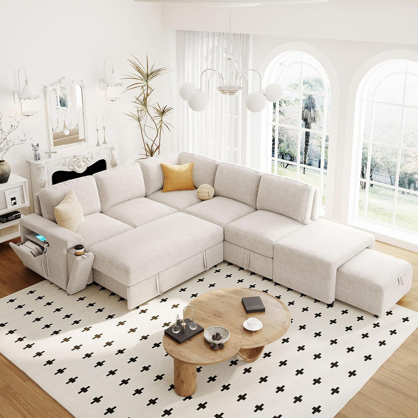 Merax L-Shaped Modular Sofa with Removable Storage Ottoman, USB Ports and Cup Holder, Upholstered Sectional Couch & Armrest, Free Combination Indoor Furniture for Living Room, Apartments, Beige