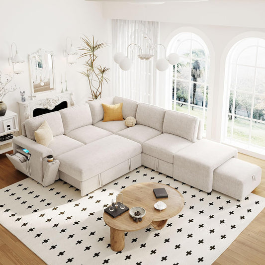 Merax L-Shaped Modular Sofa with Removable Storage Ottoman, USB Ports and Cup Holder, Upholstered Sectional Couch & Armrest, Free Combination Indoor Furniture for Living Room, Apartments, Beige