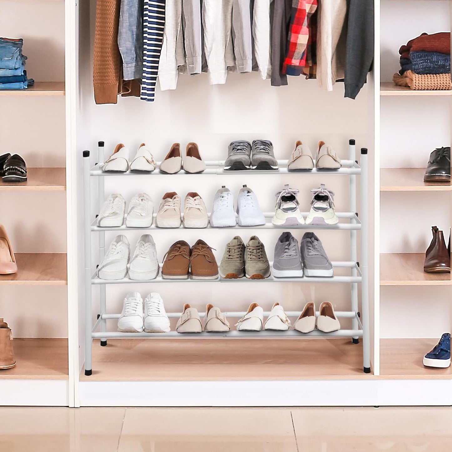 STORAGE MANIAC Expandable Shoe Rack, 16 Pairs Stackable Small Shoe Rack, Metal Adjustable Shoes Organizer for Closet, Entryway, Hallway, Garage, Front Door, Shoes Shelves, White 4 Tier