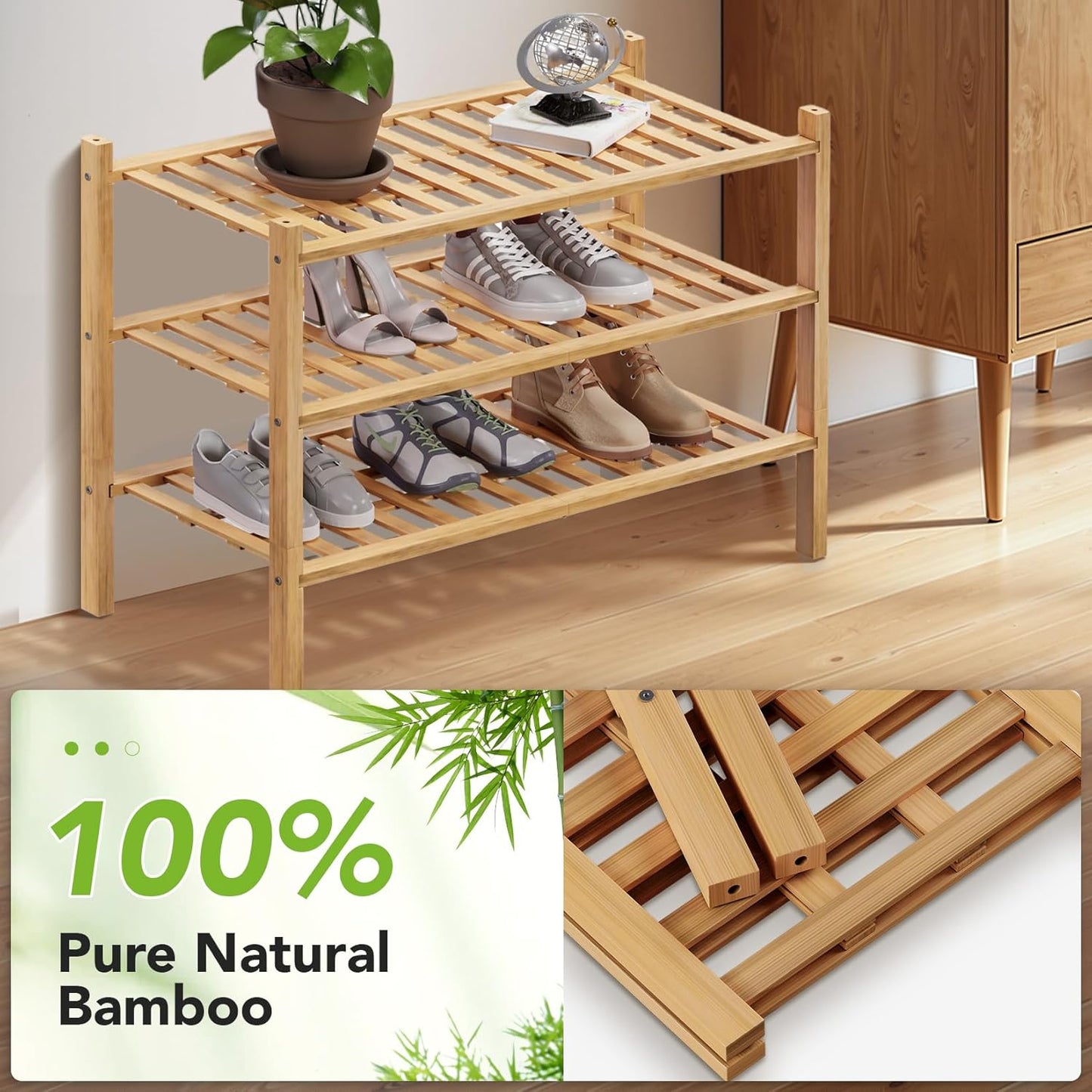 Haddockway 3 Tier Bamboo Shoe Rack Storage Organizer, Multifunctional Free Standing Stackable Shoe Shelf with Grid Panel for Closet,Hallway,Entryway,Small Space 27"x11"x20" (Natural, 3 Tier)
