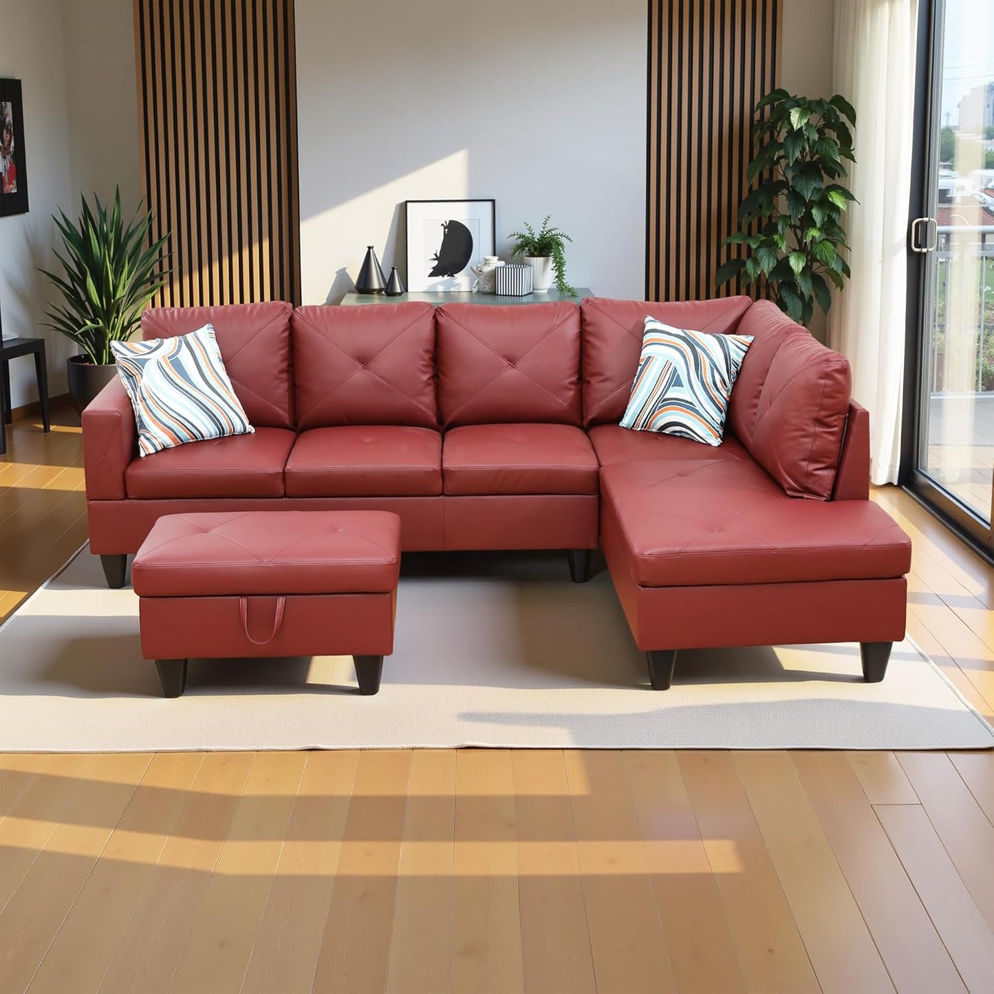 97" Oversized Sectional Couch, L Shaped Couch with Storage Ottoman, Modern Modular Sofa with Deep Seat, Sectional Couches for Living Room and Office, Red (Faux Leather)