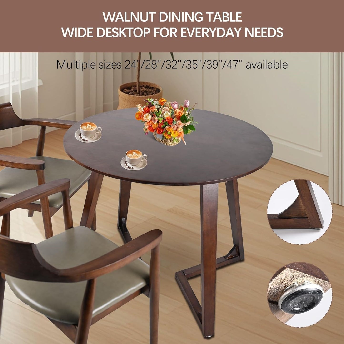 Round Rubber Solid Wood Dining Table - Mid Century Modern Style with V-Shaped Wooden Frame Base, Multi-Functional as Meeting/Coffee/Leisure Table,Space Saving Design,35”