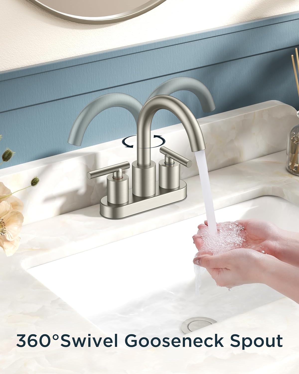 FORIOUS Brushed Nickel Bathroom Faucet 2 Hole, 4 Inch Centerset Bathroom Sink Faucet Brushed Nickel with Metal Dain, 24" CUPC Hoses, 360° Swivel Gooseneck for RV Basin