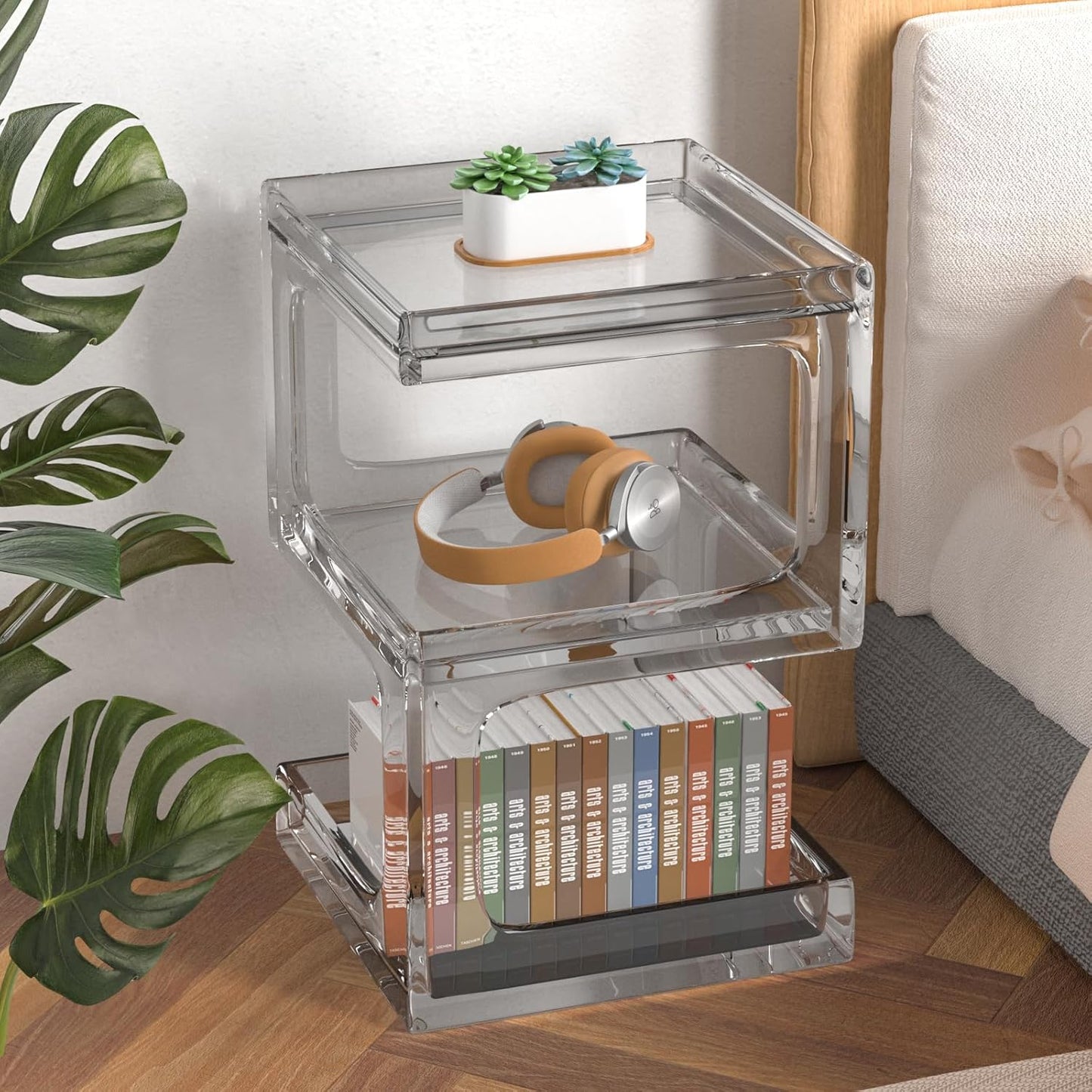 Acrylic Side Table Modern Side Table Clear Nightstand Assembly Required Storage Table for Living Room Bedroom