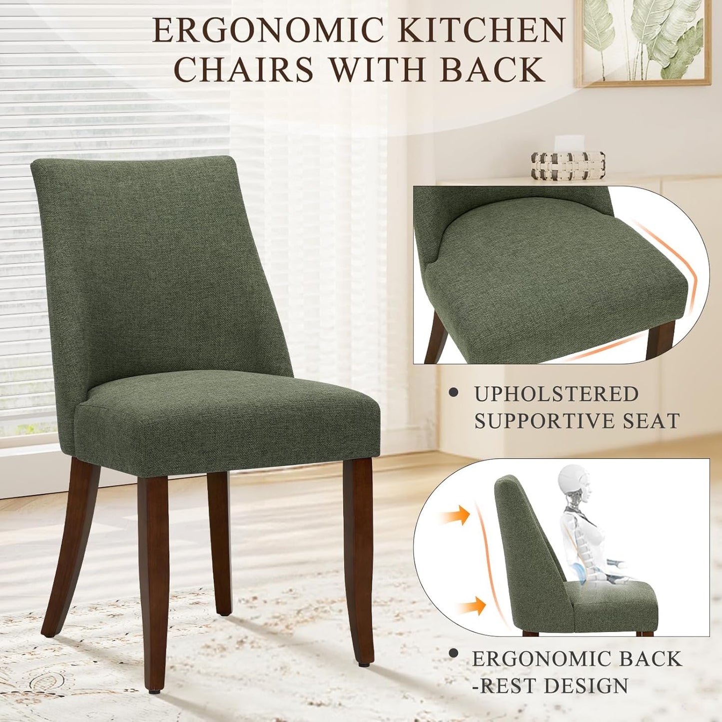 COLAMY Upholstered Dining Chairs Set of 6, Mid Century Modern Kitchen Chairs with Back, Farmhouse Fabric Side Dining Room Chairs with Wood Legs for Dining Room Restaurant, Green