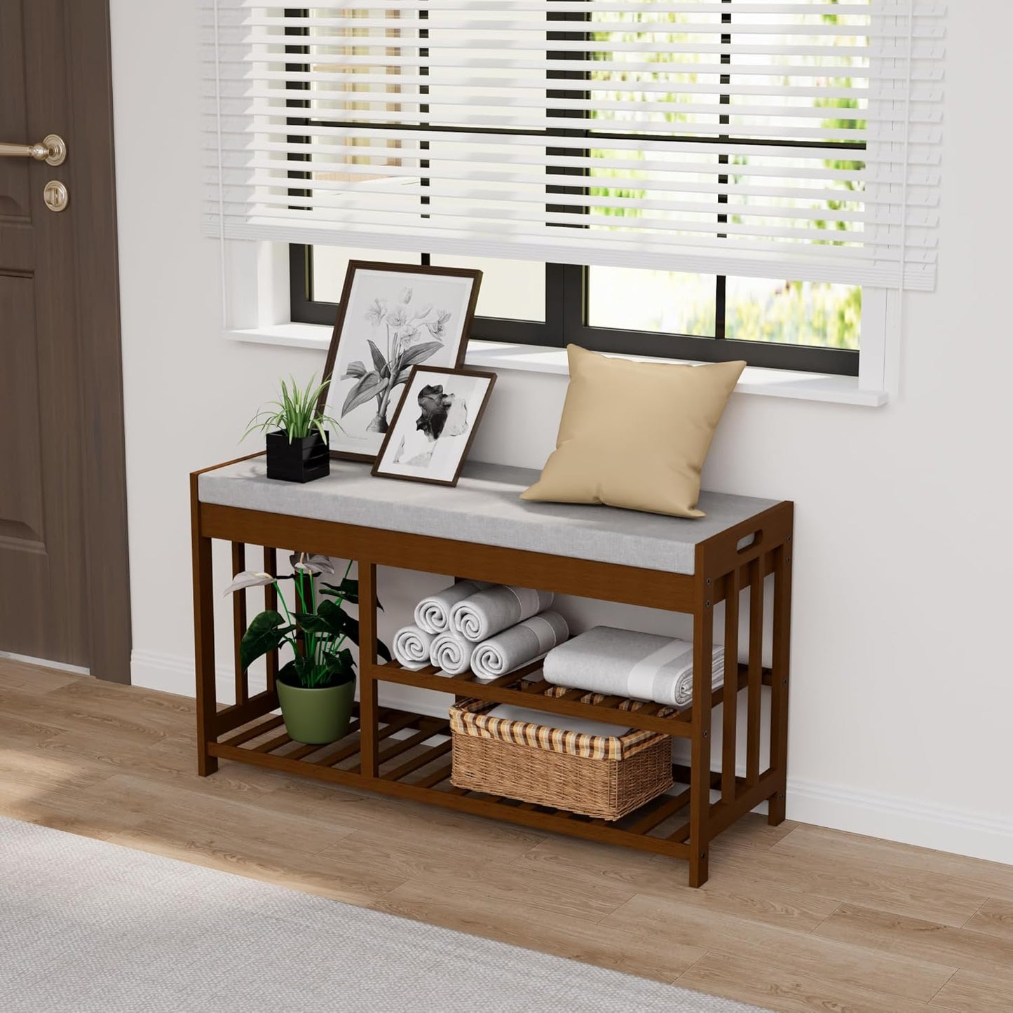 3-Tier Bamboo Shoe Rack Bench, Shoe Storage Organizer Bench, Entryway Benchs, Shoes Rack for Front Door Entrance, Entryway Bathroom Bedroom