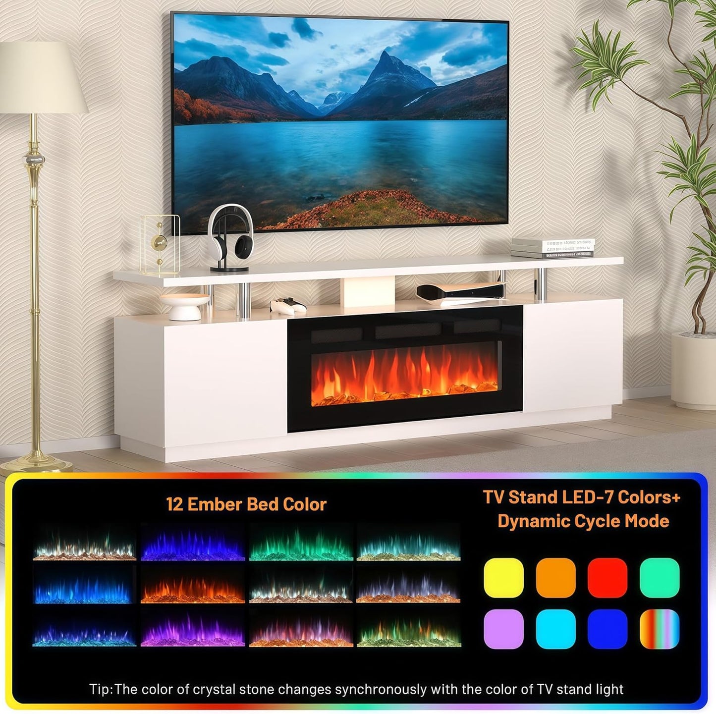 70" Fireplace TV Stand for TVs Up to 80", Entertainment Center with 36inch Fireplace, 12 Flame & LED Colors, 2-Tier TV Console & Storage Cabinet