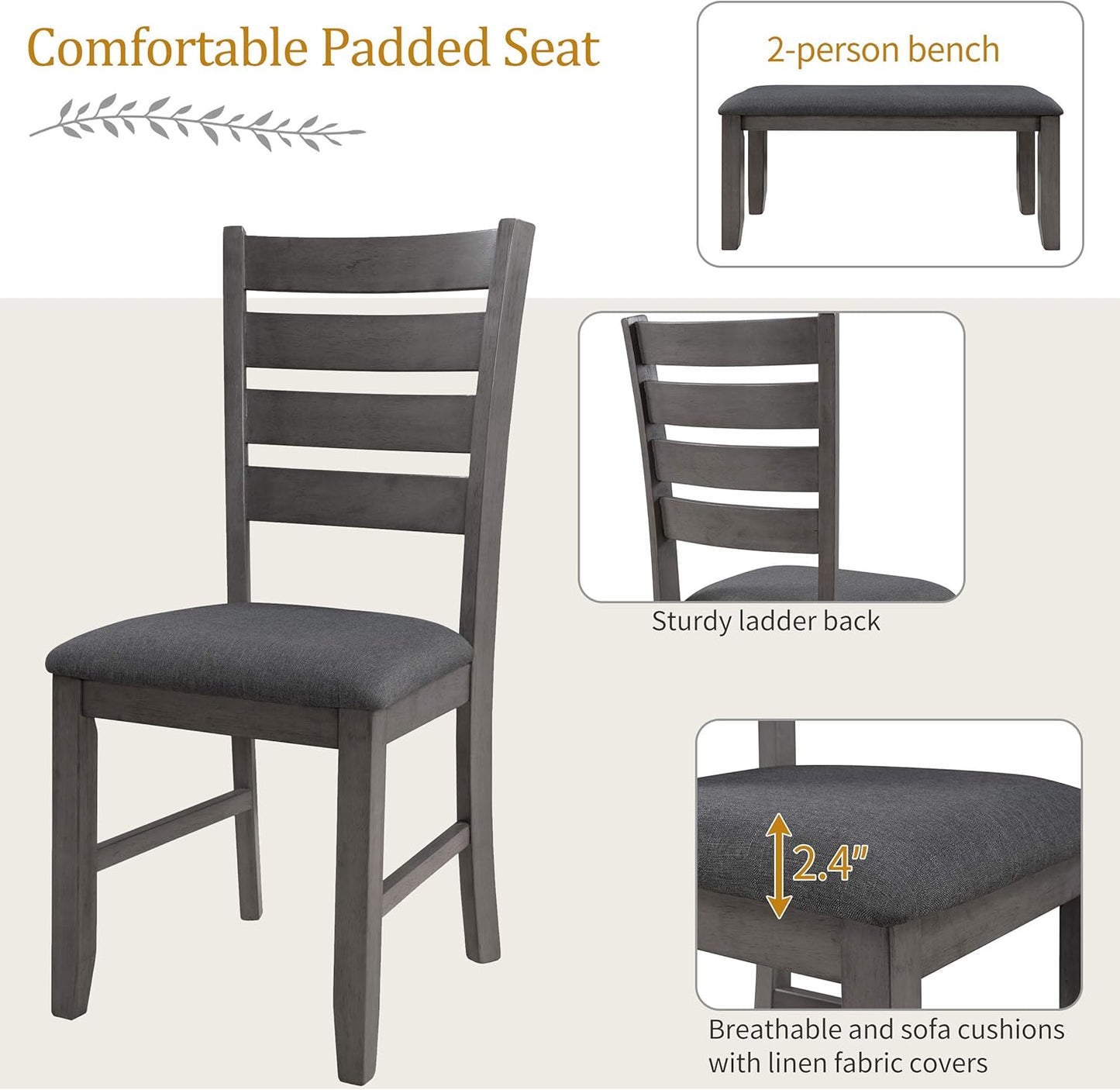 Ball & Cast 6 Piece Dining Table Set with 4 Upholstered Chairs and 1 Bench,Wooden Living Room Furniture W/ 60" Rectangle Kitchen Desk,for Restaurant,Home Bistro,Gray