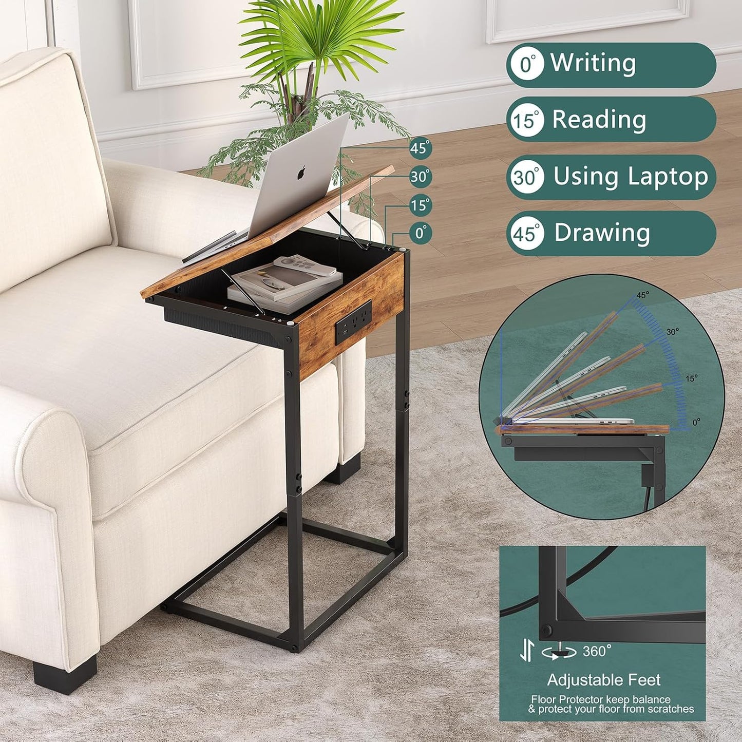 C Shaped End Table with Charging Station, 45° Tiltable Adjustable Flip Top Table with Storage,Small C Table for Small Spaces,Slide Under Couch Sofa Bedside Table for Living Room,Rustic Brown