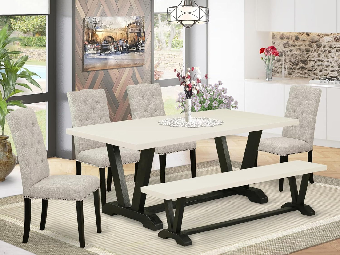 East West Furniture V627EL635-6 6 Piece Dining Table Set Contains a Rectangle Dining Room Table with V-Legs and 4 Doeskin Linen Fabric Parson Chairs with a Bench, 40x72 Inch, Multi-Color