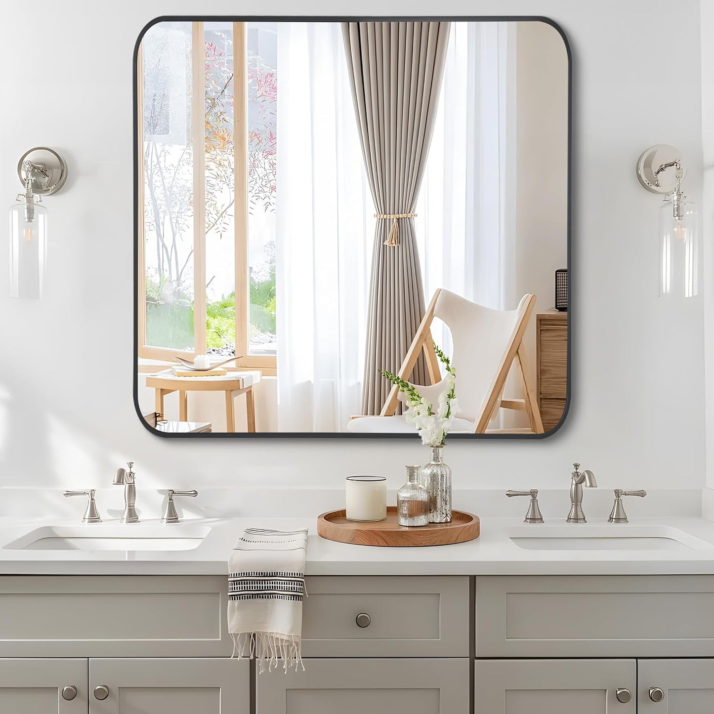 FORBATH Bathroom Mirror 36" x 36"，Large Square Wall Mirror with Black Aluminum Frame Rounded Corner, Wall Mounted Mirror for Bathroom Bedroom Entryway Living Room