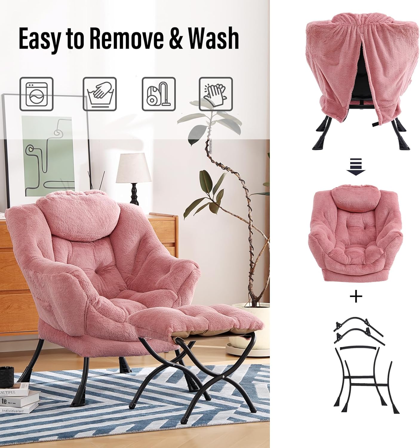 Lazy Chair with Ottoman, Modern Chair with Folding Footrest, Lounge Accent Chair, Comfortable Reading Chair (Plush Dark Pink)