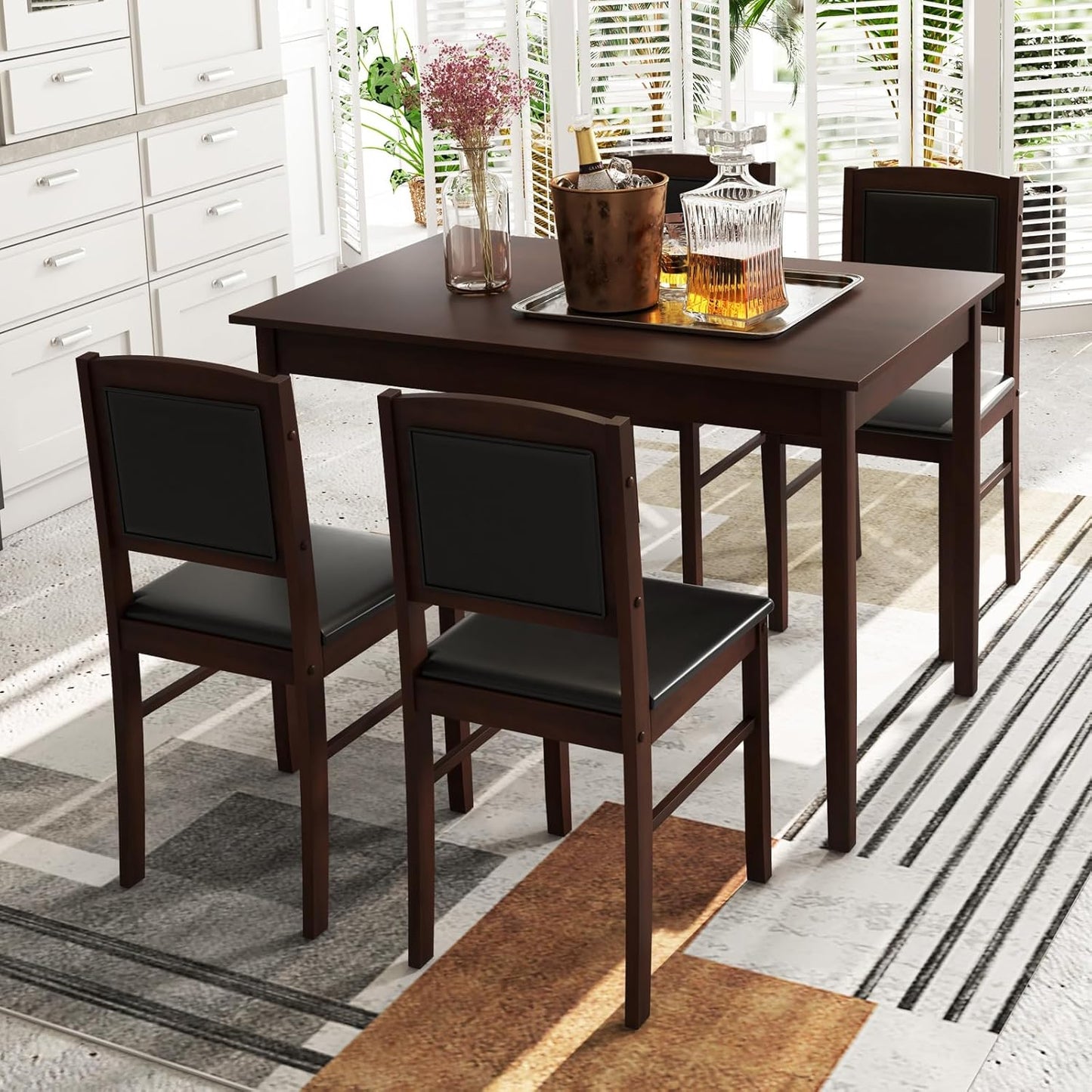 Giantex 5-Piece Dining Table Set for 4 - Breakfast Nook Table Set with Kitchen Table, 4 Upholstered Chairs, Wood Legs, Space-Saving Dinette Set, Kitchen Table Chairs Set of 4 (Cherry Brown)