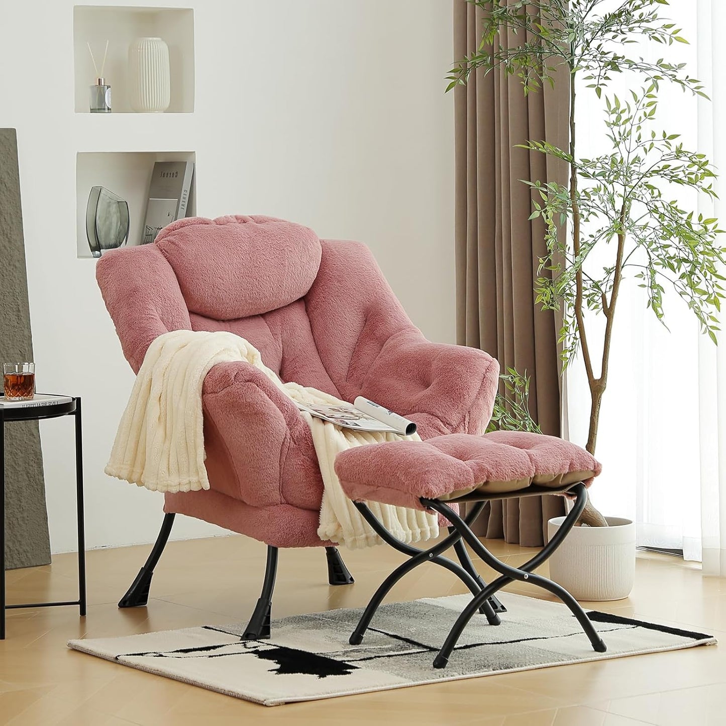 Lazy Chair with Ottoman, Modern Chair with Folding Footrest, Lounge Accent Chair, Comfortable Reading Chair (Plush Dark Pink)