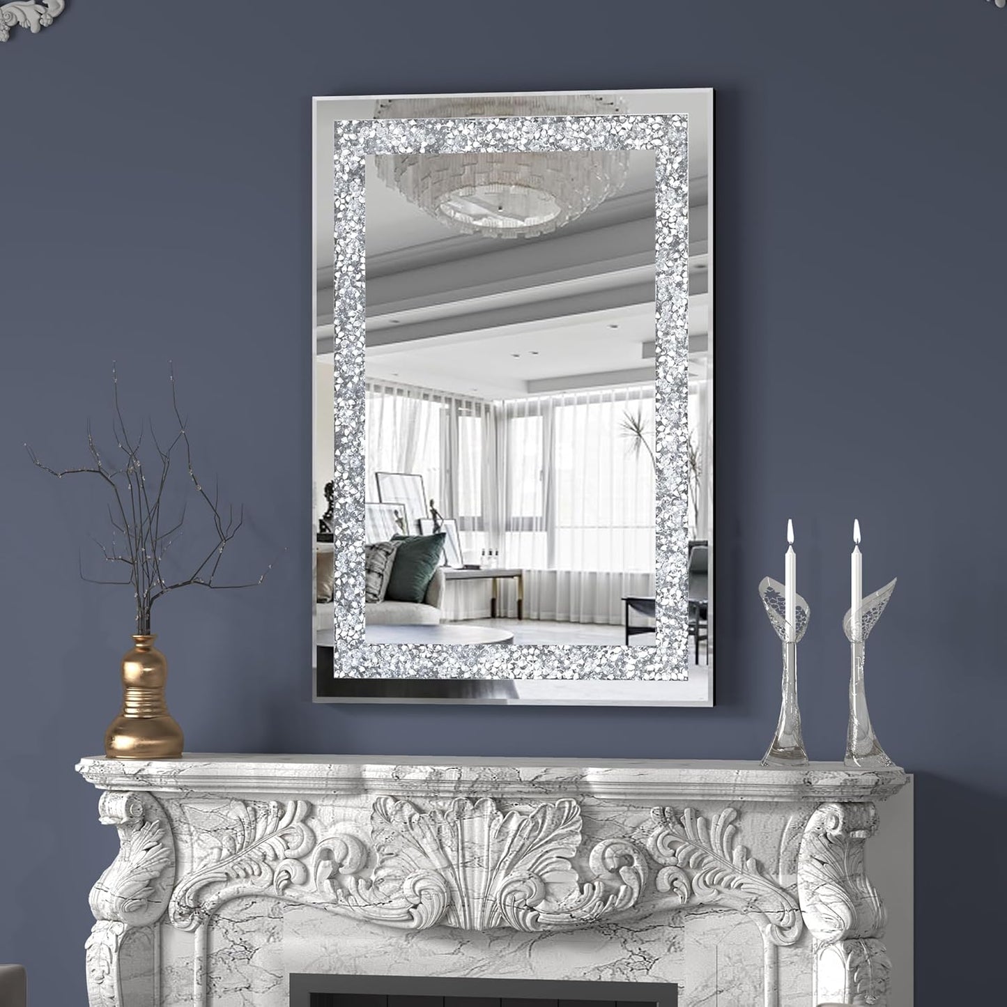 Crystal Decorative Mirror-36 x24 Gorgeous Silver Mirror, Crush Diamond Mirror for Wall Decoration Bedroom, Bathroom, Dining Room and Living Room