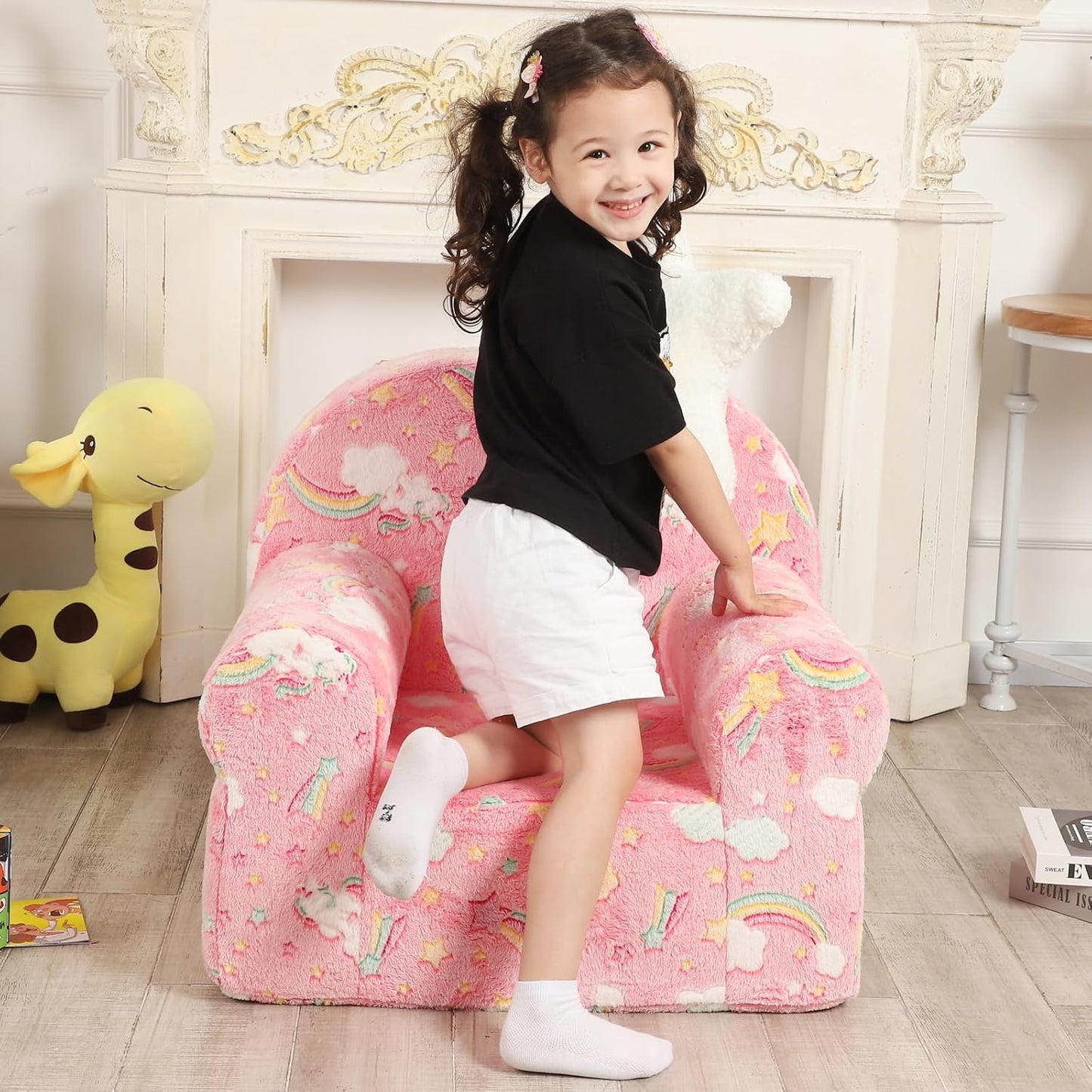Rainbow Unicorn Kids Sofa with Star Throw Pillow, High Back Toddler Chair Glow in The Dark for Boys and Girls, Pink