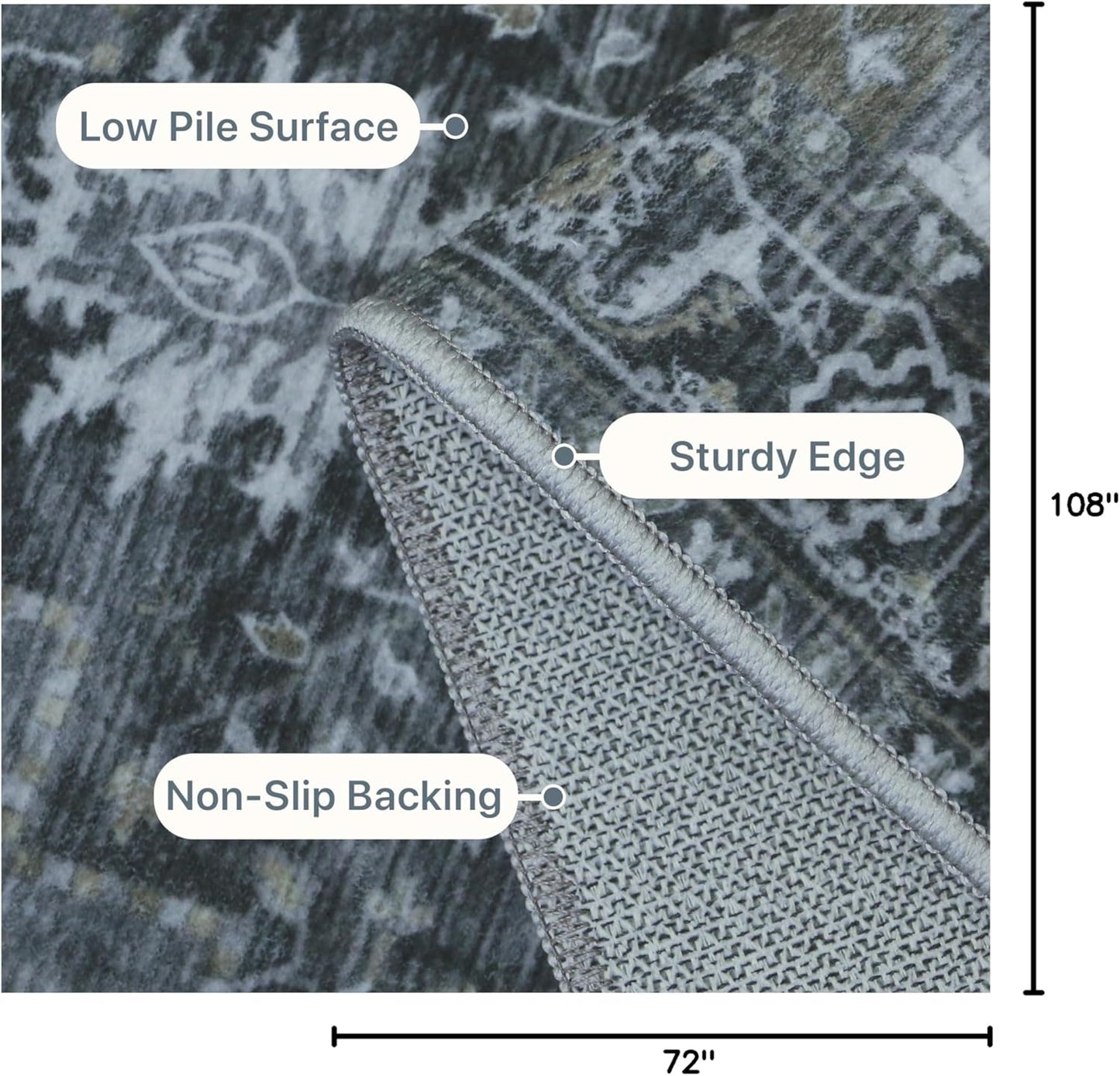 GENIMO 6x9 Area Rugs for Living Room, Machine Washable Non Slip Vintage Rugs, Low Pile Lightweight Chenille Print Rug for Bedroom, Dining Room, Home Office,Dark Gray