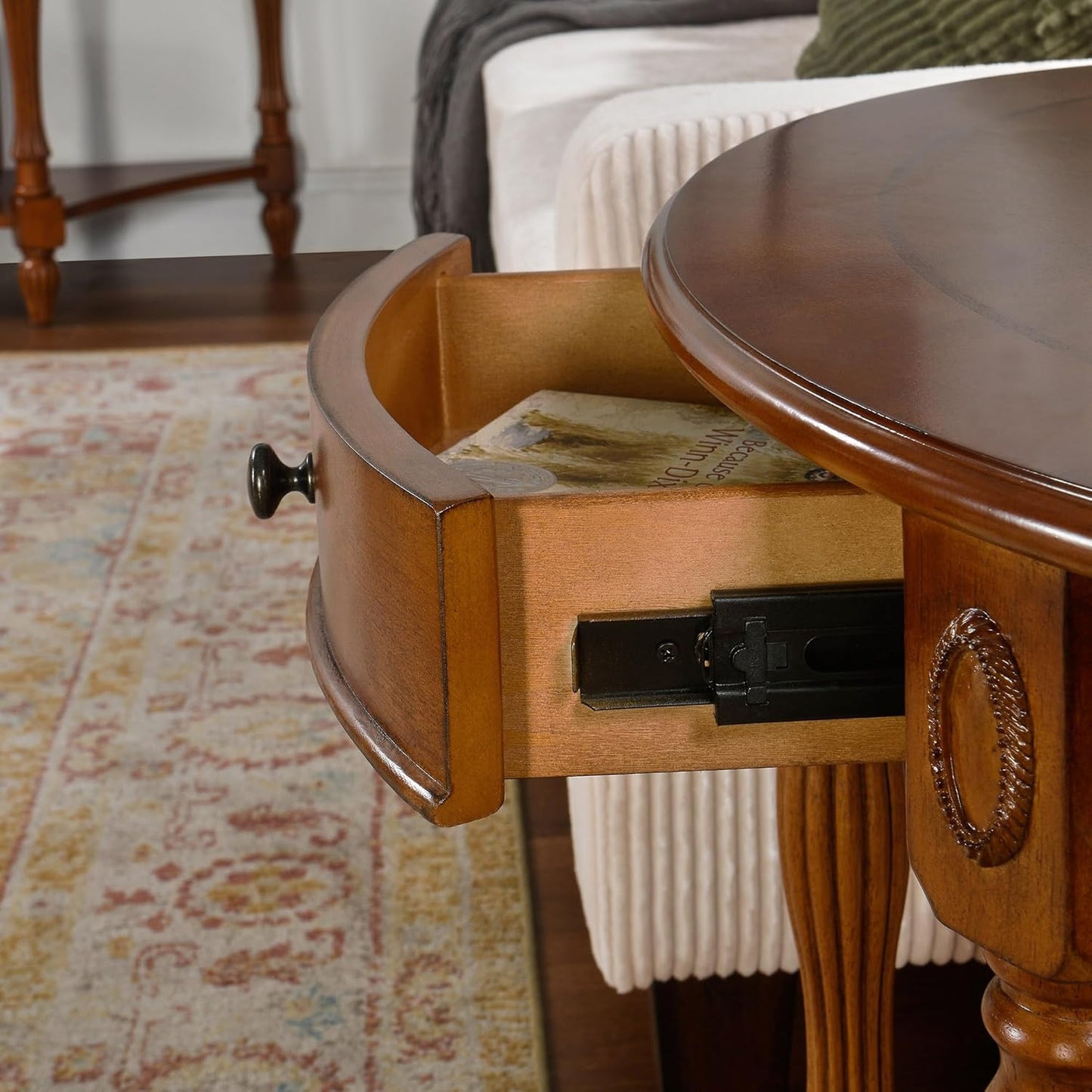 LEEMTORIG Oval Round End Table, 2-Tier Solid Wood End Table Side Table with Drawer, Victorian Vintage Nightstand for Bedroom Living Room Hallway, 28" W x 22" D x 24.2" H, Caramel Brown CJZ-1533-MG