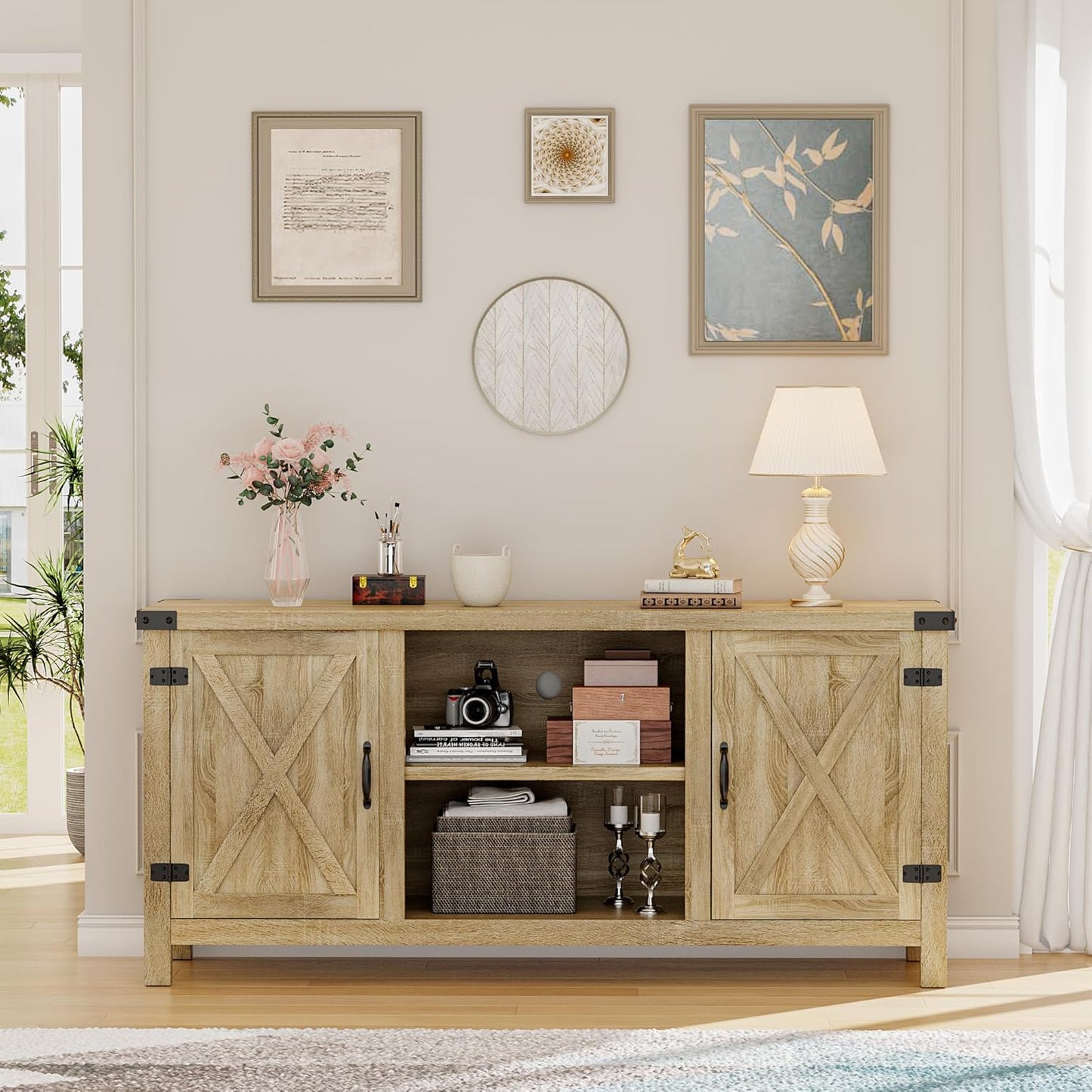 YESHOMY Farmhouse Buffet & Sideboard, 58" Kitchen Storage Cabinet with Adjustable Shelves & Doors, Wood Coffee Bar for Living Room, Entryway, Yellow