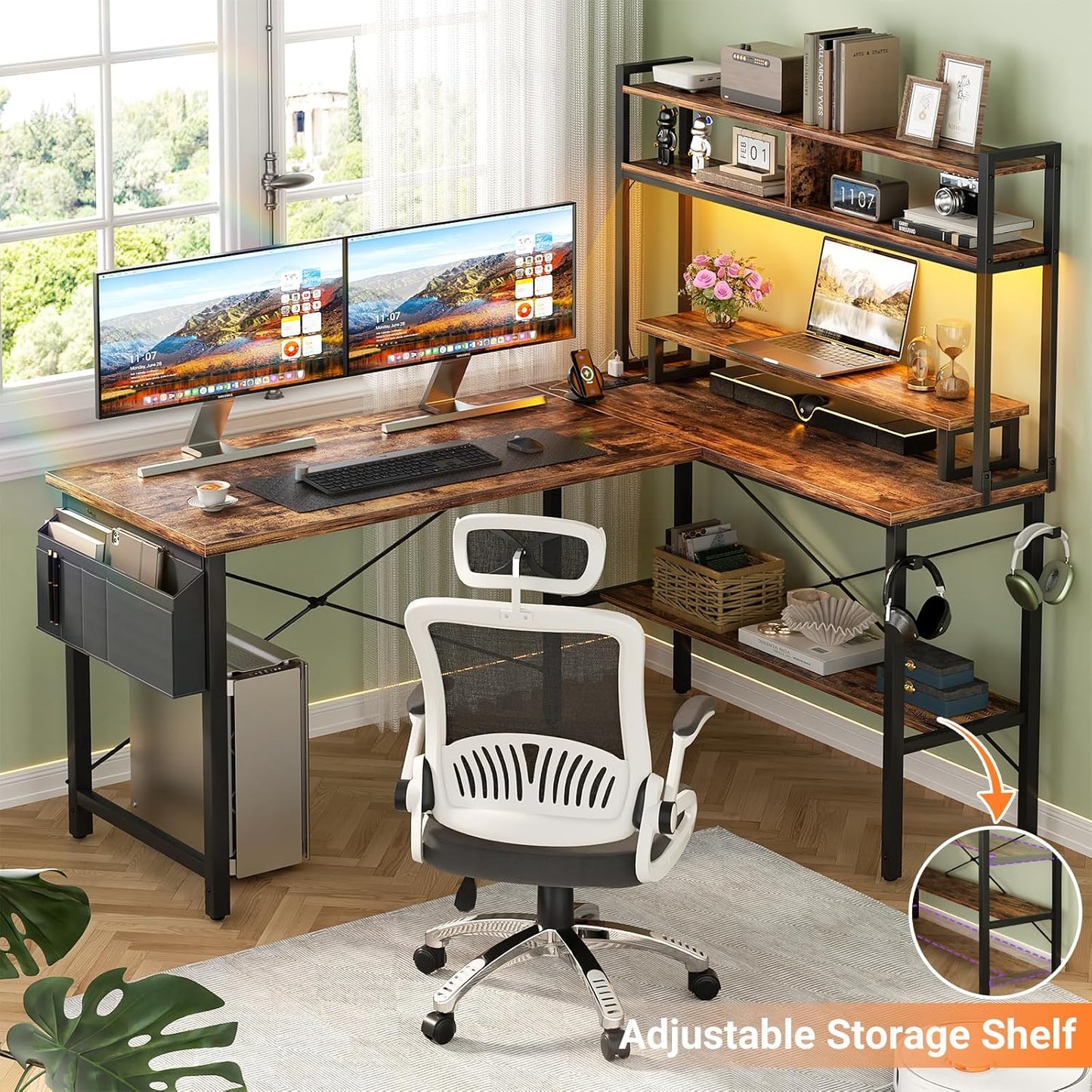 Aheaplus L Shaped Gaming Desk with Power Outlets & LED Lights, Small L-Shaped Desk Computer Corner Desk with Monitor Stand & Storage Shelf, Home Office Desk Writing Desk with Storage Bag, Rustic Brown