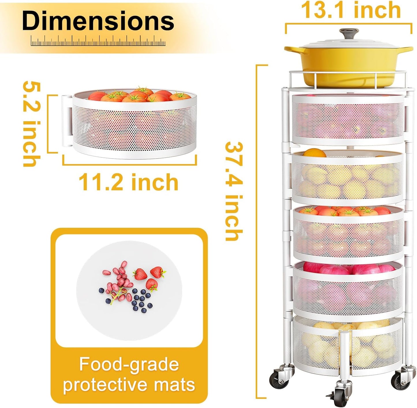 SNTD Fruit and Vegetable Basket Bowls for Kitchen with Metal Top Lid, 5 Tier Rotating Storage Rack Cart for Potato Onion Banana, Wire Basket Organizer on Wheels, Large (White)