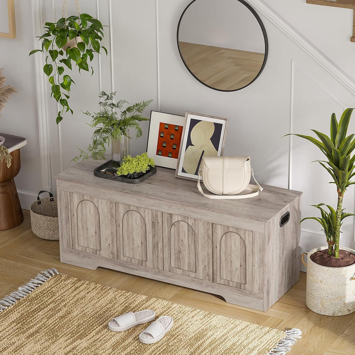 DINZI LVJ Storage Chest, 47.2”Wooden Storage Box with 2 Safety Hinges, Entryway Storage Bench with Flip-Top, Large Trunk for Living Room, Bedroom, Easy Assembly, Greige